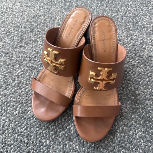 Tory Burch Shoes - Tory Burch Brown Mules with Gold Logo and Block Heel